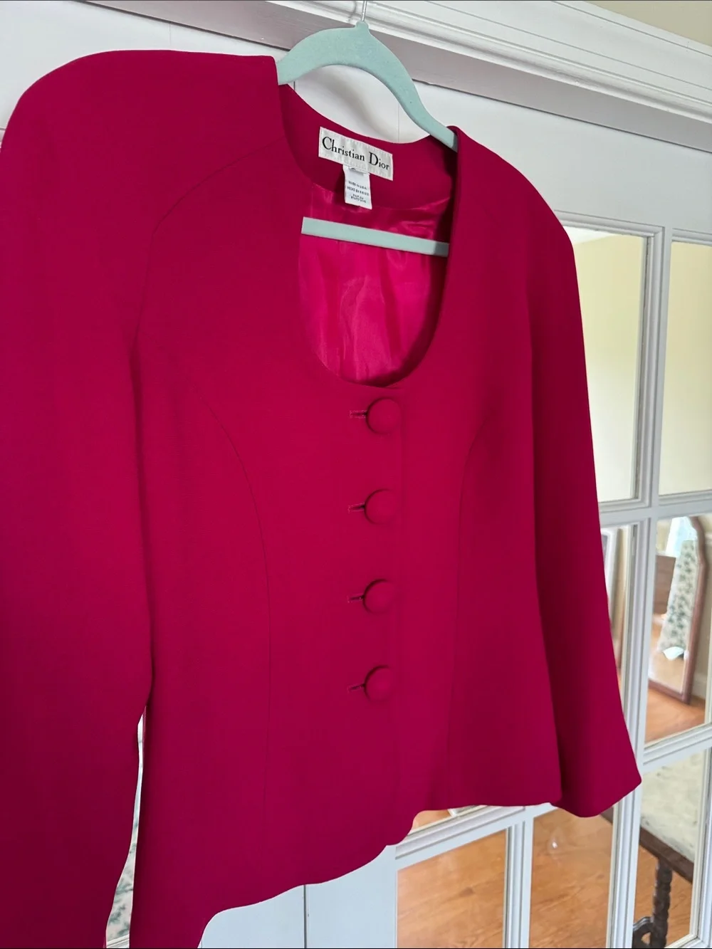 Dior Women's Magenta Pink Asymmetrical-Neck Button Jacket
